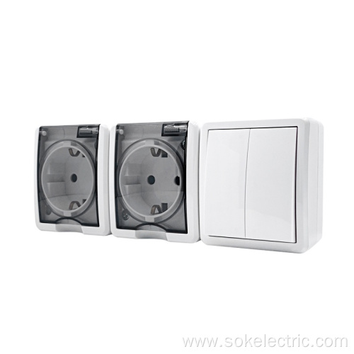 IP44 Double Schuko Power Outlet With Shutter Switch